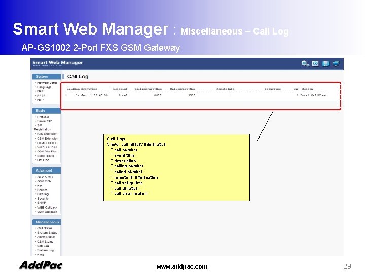 Smart Web Manager : Miscellaneous – Call Log AP-GS 1002 2 -Port FXS GSM