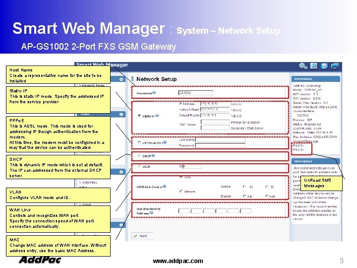 Smart Web Manager : System – Network Setup AP-GS 1002 2 -Port FXS GSM