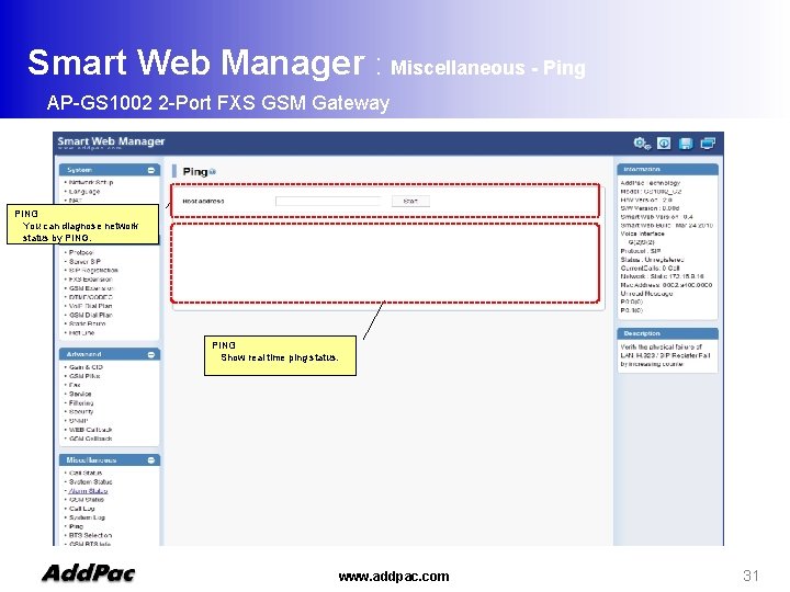 Smart Web Manager : Miscellaneous - Ping AP-GS 1002 2 -Port FXS GSM Gateway