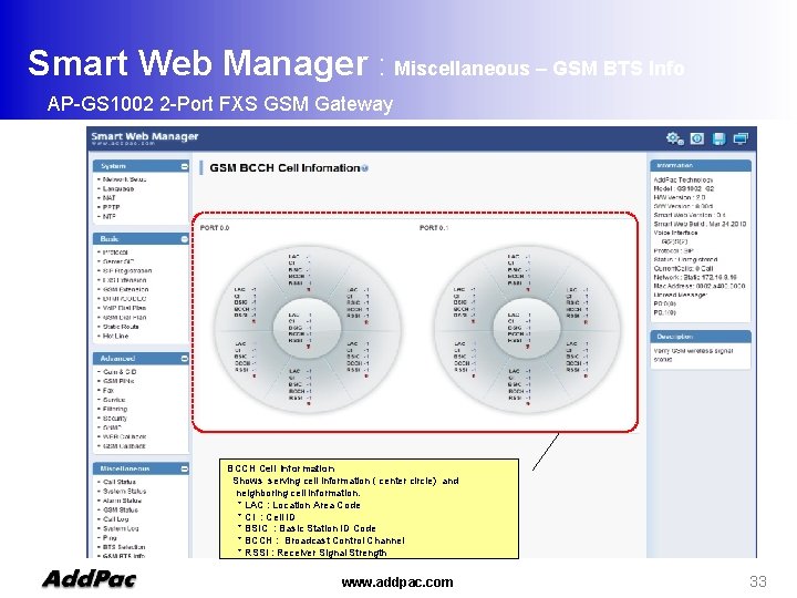 Smart Web Manager : Miscellaneous – GSM BTS Info AP-GS 1002 2 -Port FXS