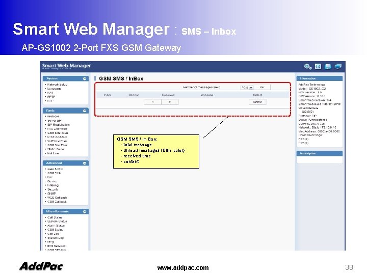 Smart Web Manager : SMS – Inbox AP-GS 1002 2 -Port FXS GSM Gateway