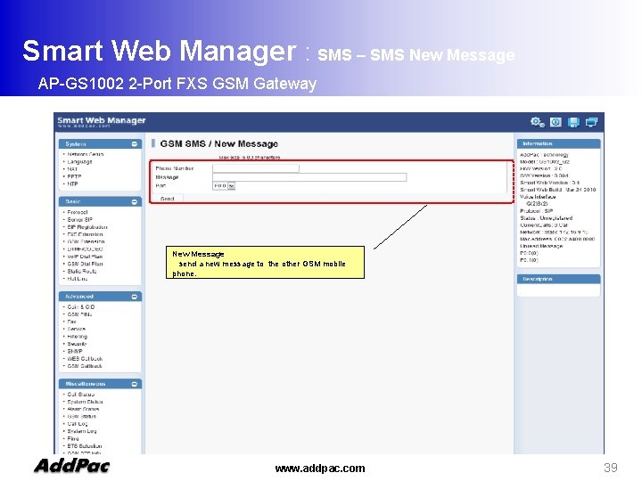 Smart Web Manager : SMS – SMS New Message AP-GS 1002 2 -Port FXS