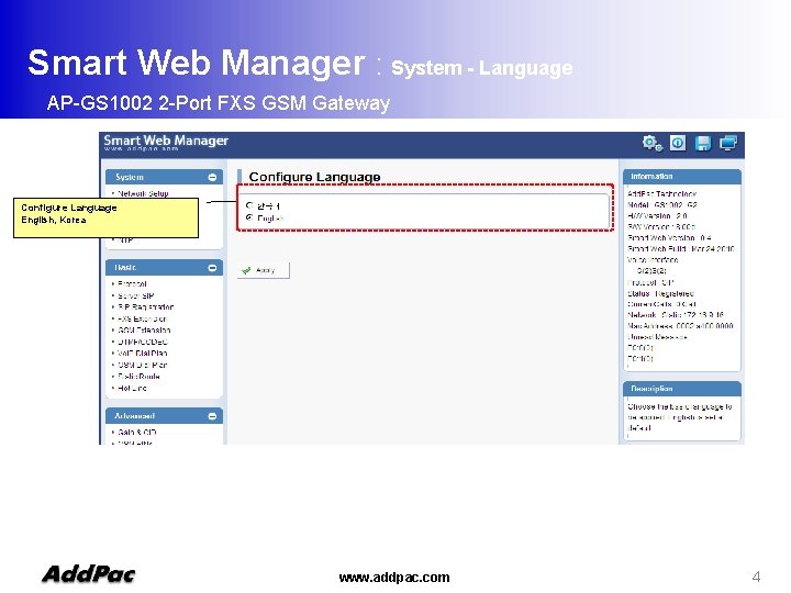Smart Web Manager : System - Language AP-GS 1002 2 -Port FXS GSM Gateway