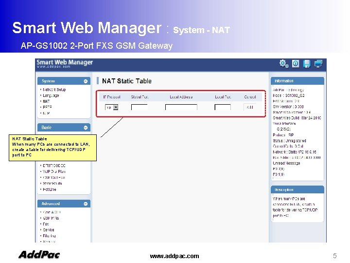 Smart Web Manager : System - NAT AP-GS 1002 2 -Port FXS GSM Gateway