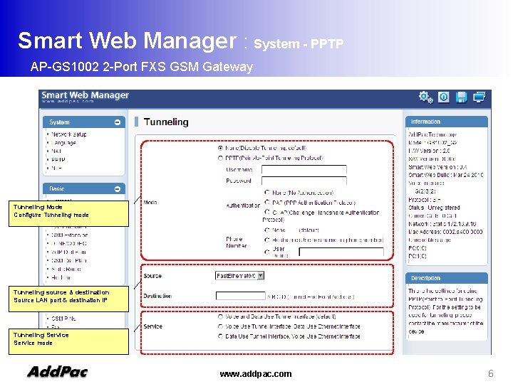 Smart Web Manager : System - PPTP AP-GS 1002 2 -Port FXS GSM Gateway