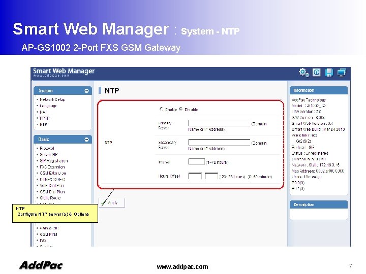 Smart Web Manager : System - NTP AP-GS 1002 2 -Port FXS GSM Gateway