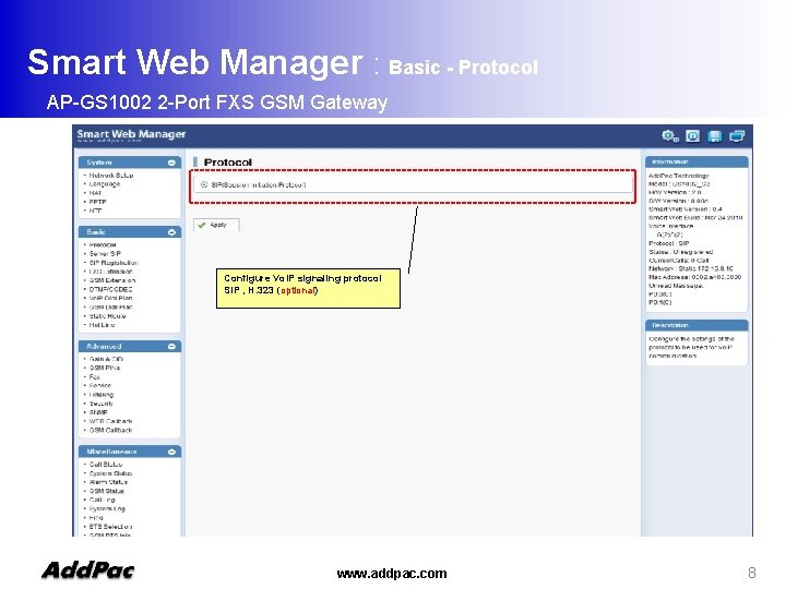 Smart Web Manager : Basic - Protocol AP-GS 1002 2 -Port FXS GSM Gateway