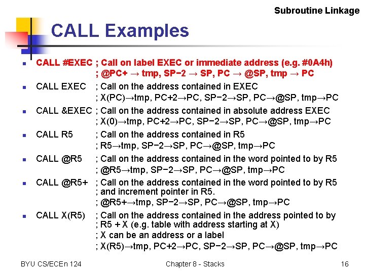 Subroutine Linkage CALL Examples n n n n CALL #EXEC ; Call on label