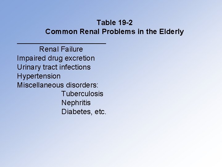 Table 19 -2 Common Renal Problems in the Elderly Renal Failure Impaired drug excretion