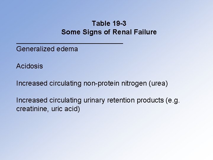 Table 19 -3 Some Signs of Renal Failure Generalized edema Acidosis Increased circulating non-protein