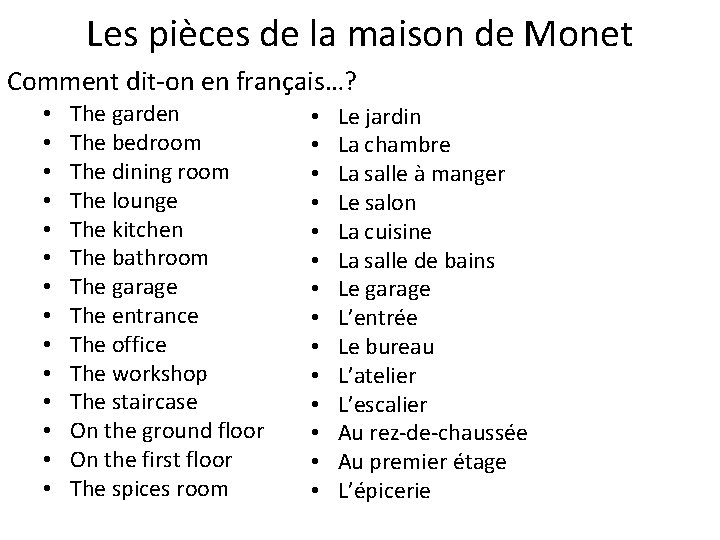 Les pièces de la maison de Monet Comment dit-on en français…? • • •
