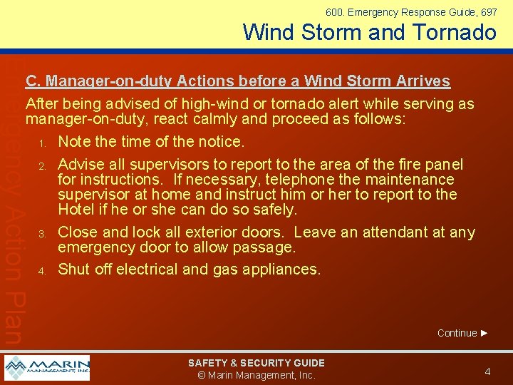 600. Emergency Response Guide, 697 Wind Storm and Tornado Emergency Action Plan C. Manager-on-duty
