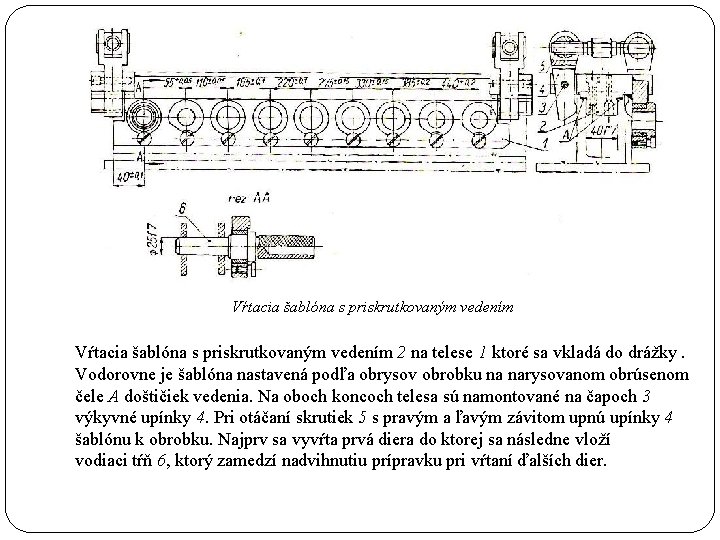 Vŕtacia šablóna s priskrutkovaným vedením 2 na telese 1 ktoré sa vkladá do drážky.