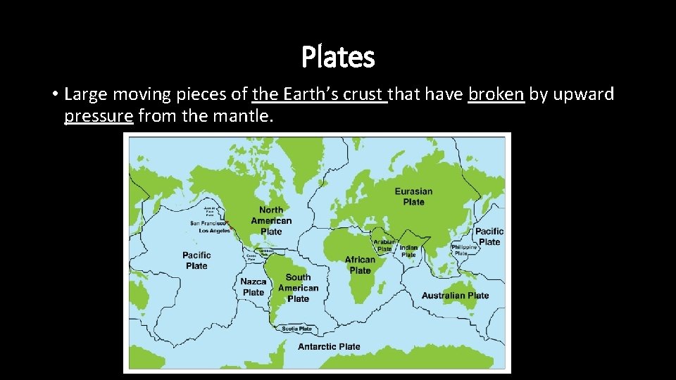 Plates • Large moving pieces of the Earth’s crust that have broken by upward