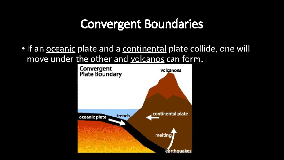 Convergent Boundaries • If an oceanic plate and a continental plate collide, one will