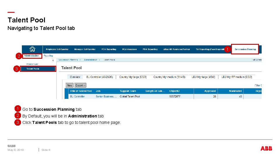 — Talent Pool Navigating to Talent Pool tab 1 2 3 1 Go to