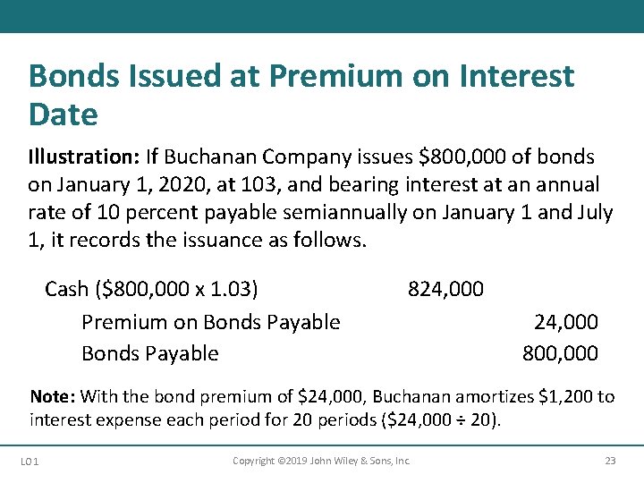 Bonds Issued at Premium on Interest Date Illustration: If Buchanan Company issues $800, 000