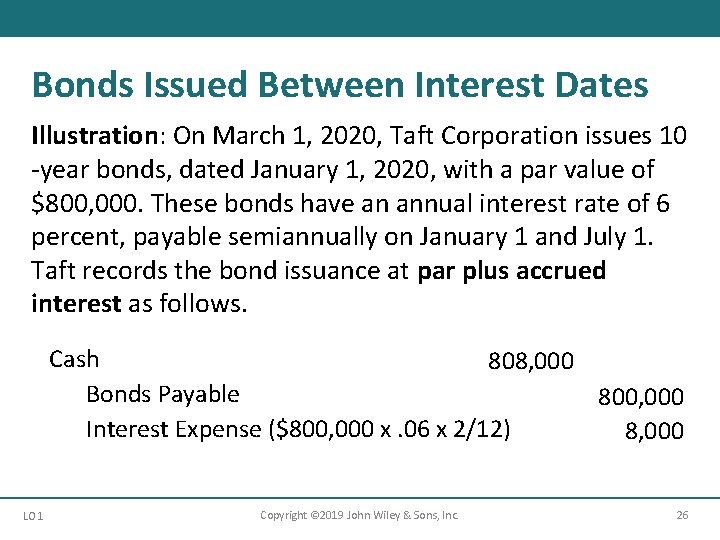 Bonds Issued Between Interest Dates Illustration: On March 1, 2020, Taft Corporation issues 10