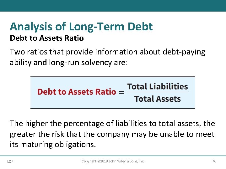 Analysis of Long-Term Debt to Assets Ratio Two ratios that provide information about debt-paying