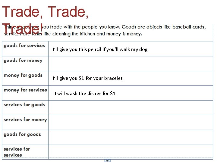 Trade, Trade! I’ll give you this pencil if you’ll walk my dog. I’ll give