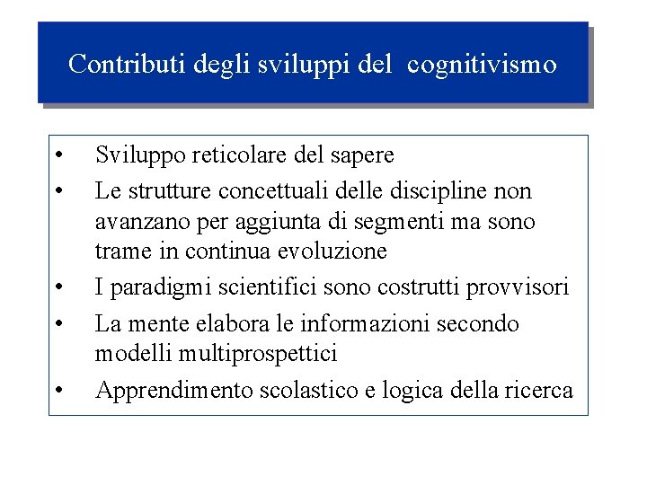 Contributi degli sviluppi del cognitivismo • • • Sviluppo reticolare del sapere Le strutture
