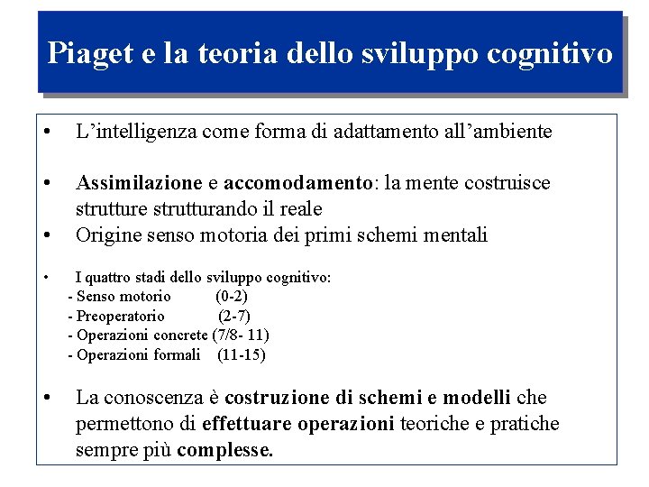 Piaget e la teoria dello sviluppo cognitivo • L’intelligenza come forma di adattamento all’ambiente