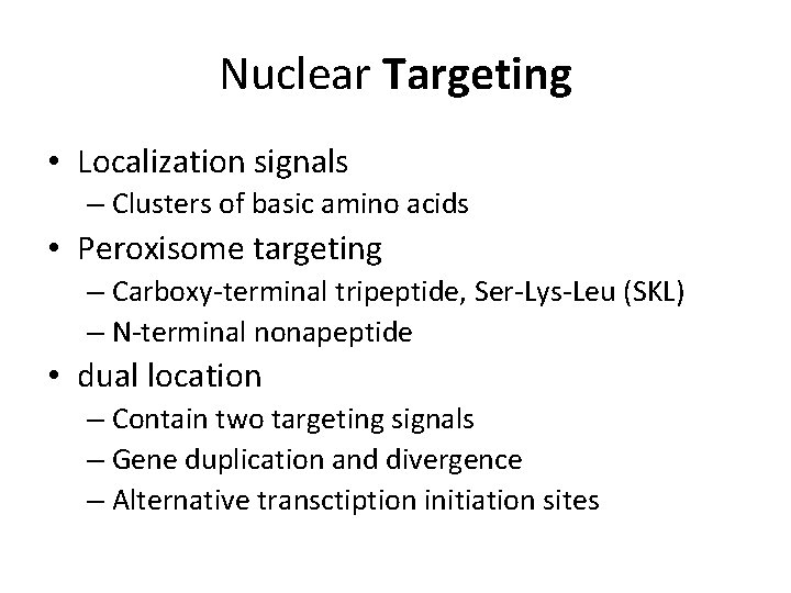 Nuclear Targeting • Localization signals – Clusters of basic amino acids • Peroxisome targeting