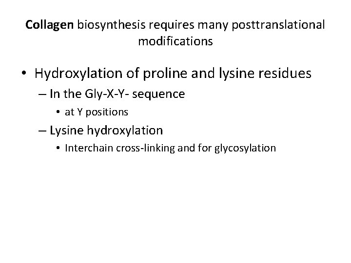 Collagen biosynthesis requires many posttranslational modifications • Hydroxylation of proline and lysine residues –