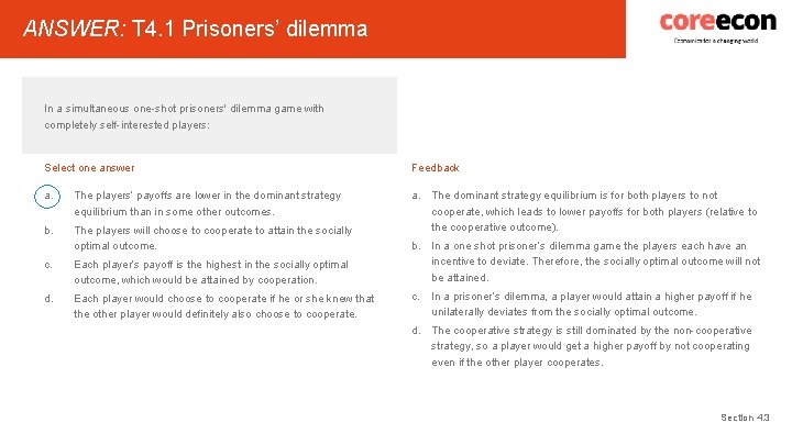 ANSWER: T 4. 1 Prisoners’ dilemma In a simultaneous one-shot prisoners' dilemma game with