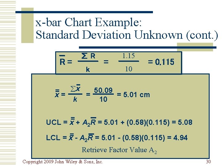 x-bar Chart Example: Standard Deviation Unknown (cont. ) R= ∑R k = 1. 15