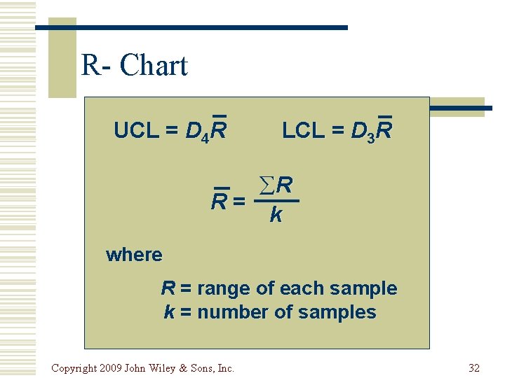 R- Chart UCL = D 4 R LCL = D 3 R åR R=
