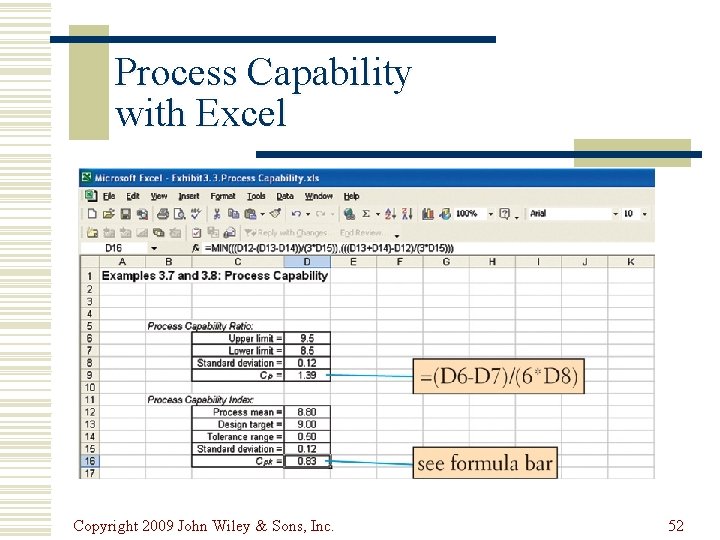 Process Capability with Excel Copyright 2009 John Wiley & Sons, Inc. 52 