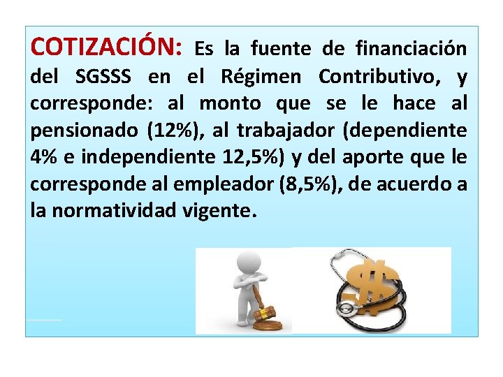 COTIZACIÓN: Es la fuente de financiación del SGSSS en el Régimen Contributivo, y corresponde: