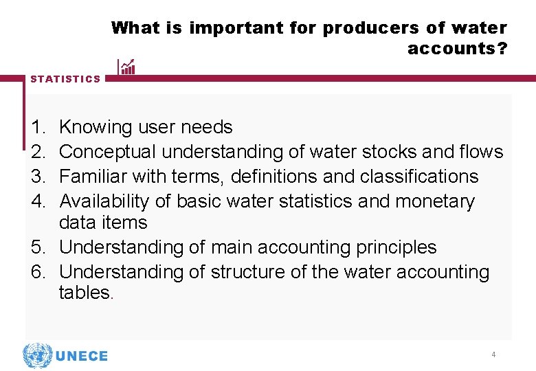 What is important for producers of water accounts? STATISTICS 1. 2. 3. 4. Knowing