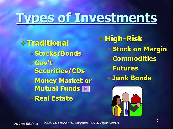 Types of Investments v Traditional v Stocks/Bonds v Gov’t Securities/CDs v Money Market or