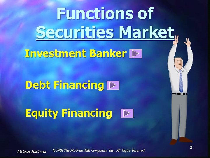 Functions of Securities Market Investment Banker Debt Financing Equity Financing Mc. Graw-Hill/Irwin © 2002