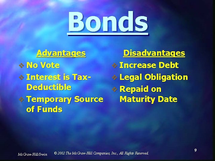 Bonds Advantages v No Vote v Interest is Tax. Deductible v Temporary Source of