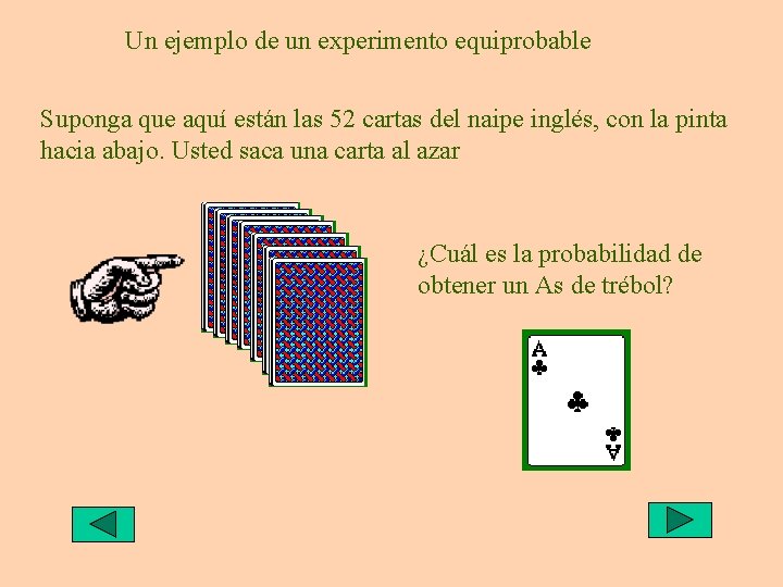 Un ejemplo de un experimento equiprobable Suponga que aquí están las 52 cartas del
