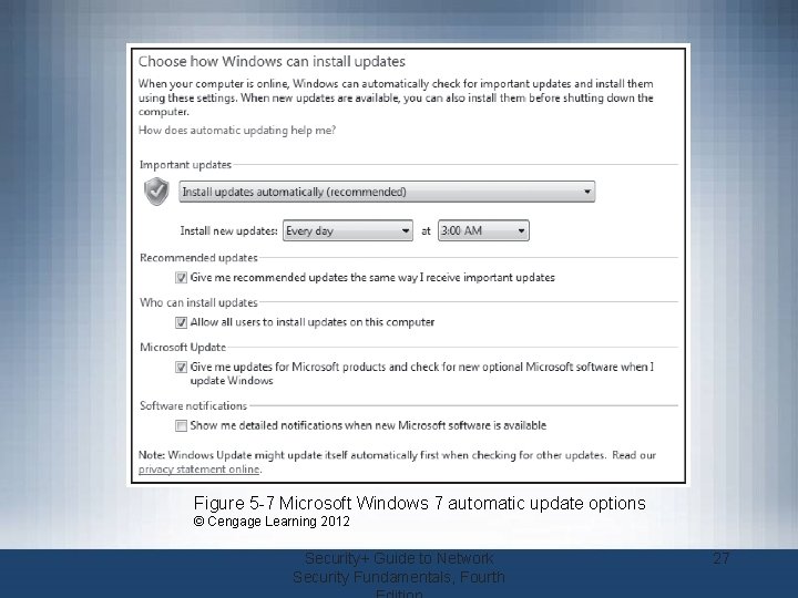 Figure 5 -7 Microsoft Windows 7 automatic update options © Cengage Learning 2012 Security+