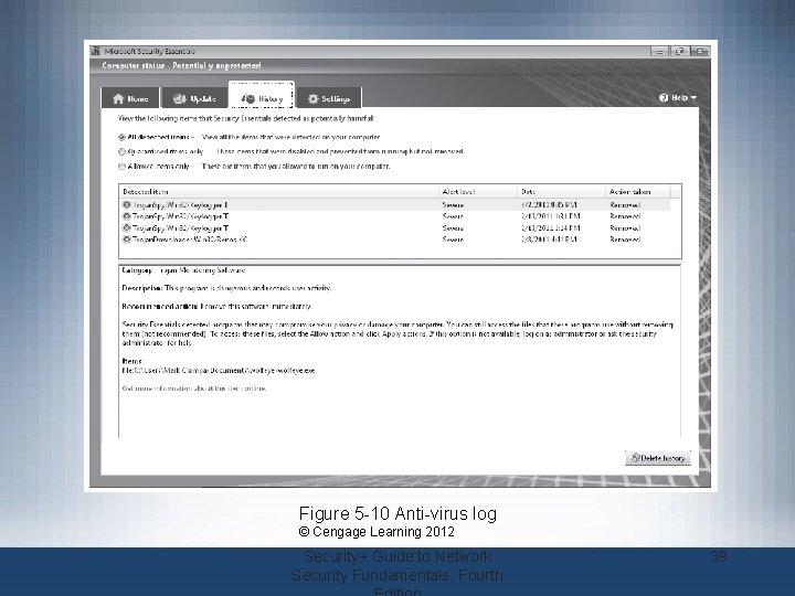 Figure 5 -10 Anti-virus log © Cengage Learning 2012 Security+ Guide to Network Security