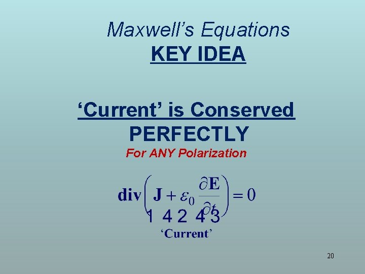 Maxwell’s Equations KEY IDEA ‘Current’ is Conserved PERFECTLY For ANY Polarization 20 