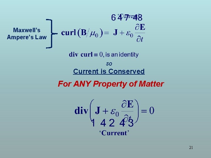 Maxwell’s Ampere’s Law so Current is Conserved For ANY Property of Matter 21 