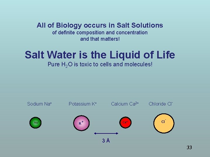 All of Biology occurs in Salt Solutions of definite composition and concentration and that