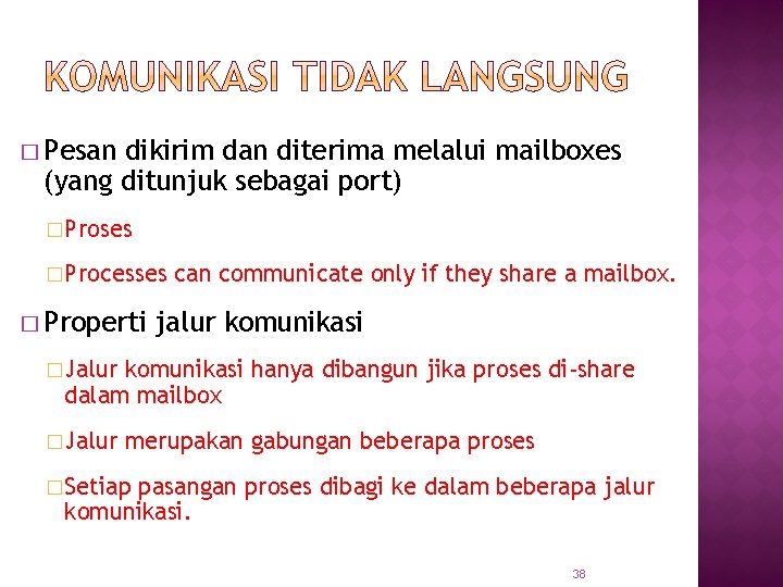 � Pesan dikirim dan diterima melalui mailboxes (yang ditunjuk sebagai port) �Proses �Processes �