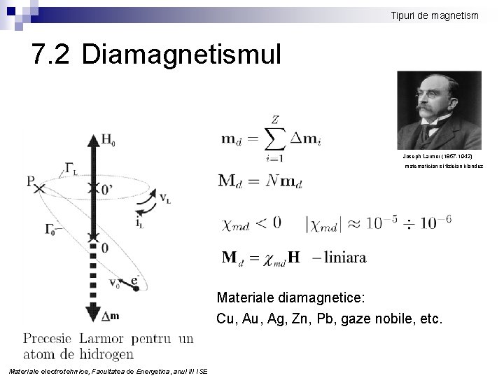 Tipuri de magnetism 7. 2 Diamagnetismul Joseph Larmor (1857 -1942) matematician si fizician irlandez