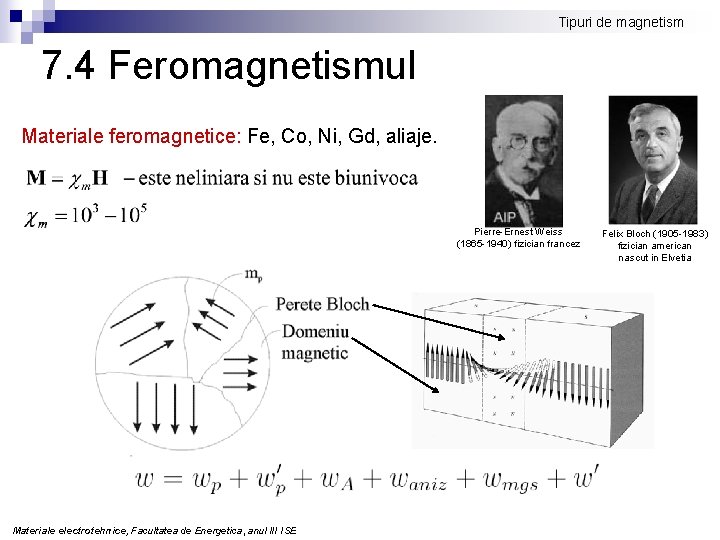 Tipuri de magnetism 7. 4 Feromagnetismul Materiale feromagnetice: Fe, Co, Ni, Gd, aliaje. Pierre-Ernest