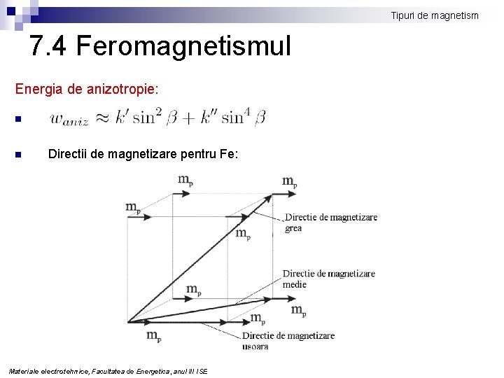 Tipuri de magnetism 7. 4 Feromagnetismul Energia de anizotropie: n n Directii de magnetizare
