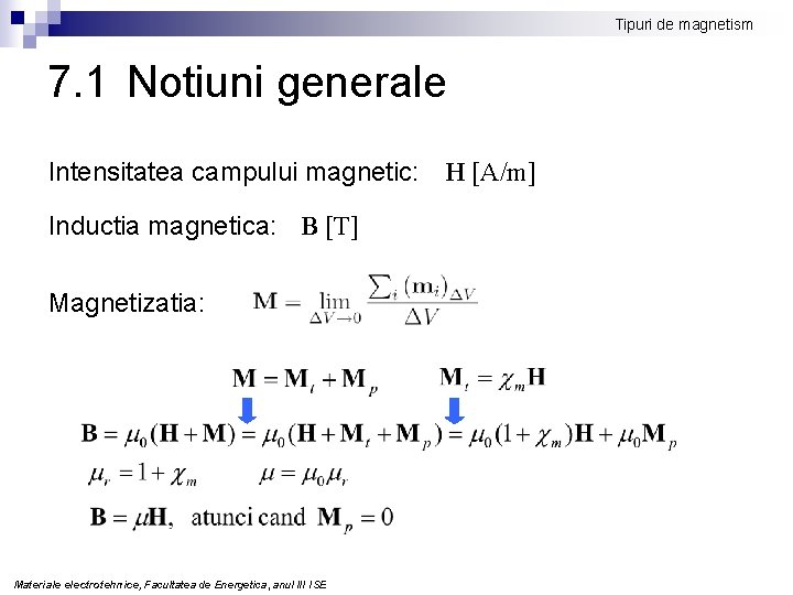 Tipuri de magnetism 7. 1 Notiuni generale Intensitatea campului magnetic: H [A/m] Inductia magnetica: