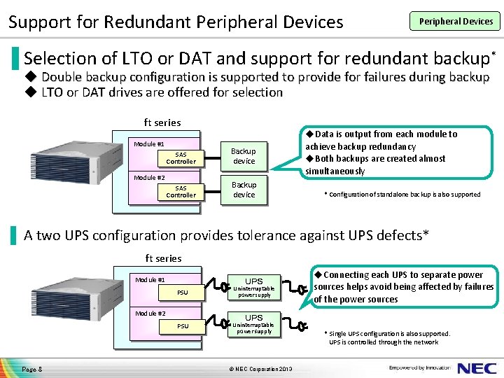 Support for Redundant Peripheral Devices ▐ Selection of LTO or DAT and support for