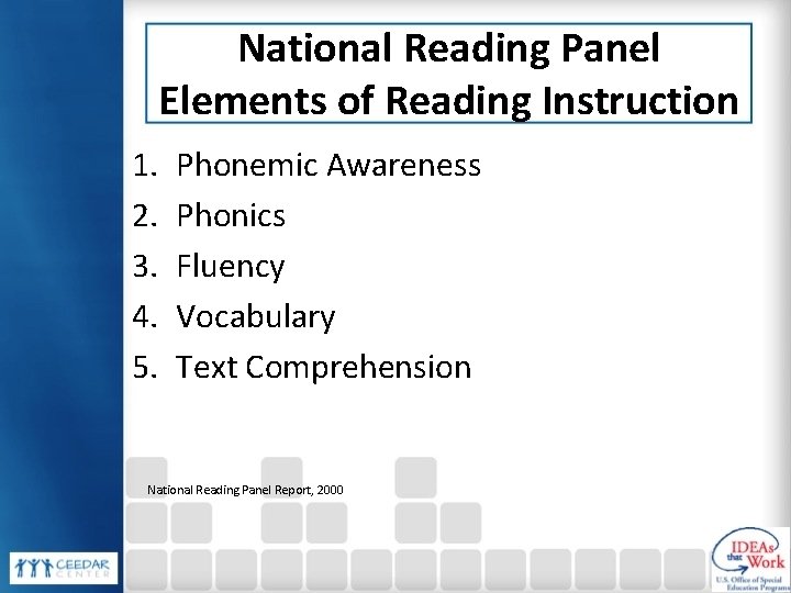 National Reading Panel Elements of Reading Instruction 1. 2. 3. 4. 5. Phonemic Awareness